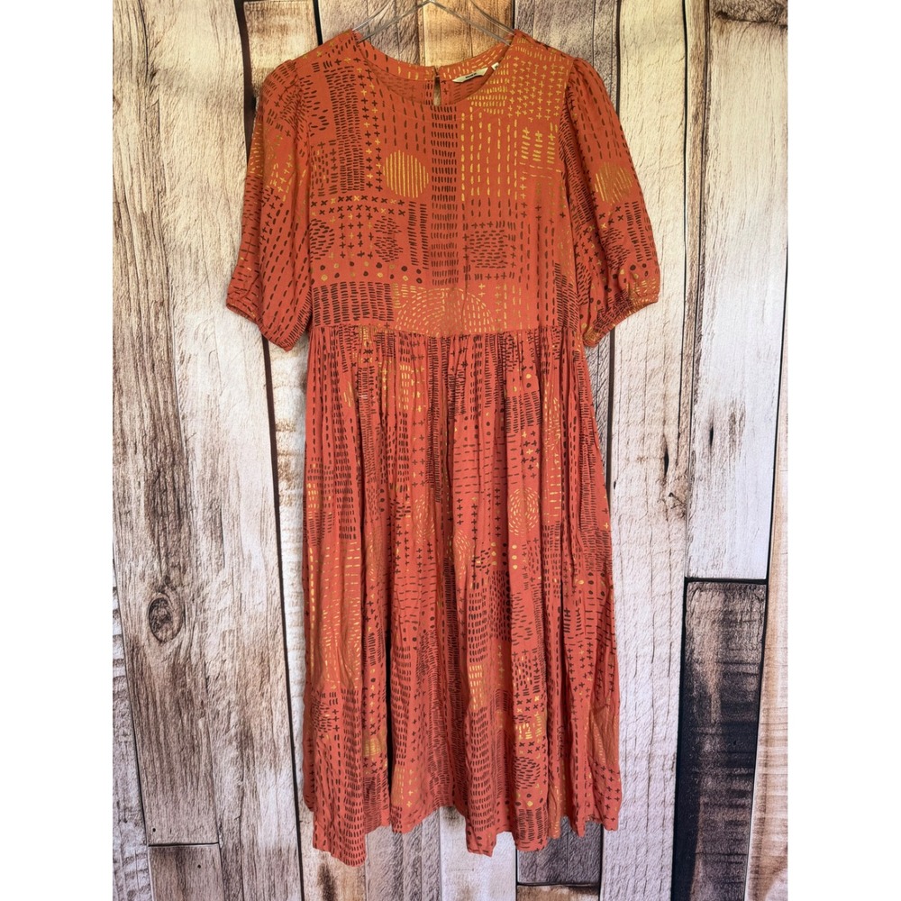 Max Midi Dress Boho‎ Abstract Print Rust Orange Fall Style Cottagecore Medium